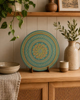 Verdant Glow original hand-painted mandala artwork displayed on a timber console with neutral decor by Sweet Lilly Loves