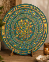 Verdant Glow original green and gold mandala artwork displayed on a timber table in a softly lit interior by Sweet Lilly Loves