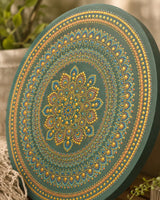 Close-up detail of Verdant Glow green, teal and gold hand-painted dot mandala artwork by Sweet Lilly Loves