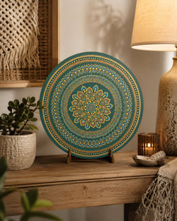 Verdant Glow original green and gold dot mandala artwork displayed on a timber bedside table in a warm neutral interior by Sweet Lilly Loves