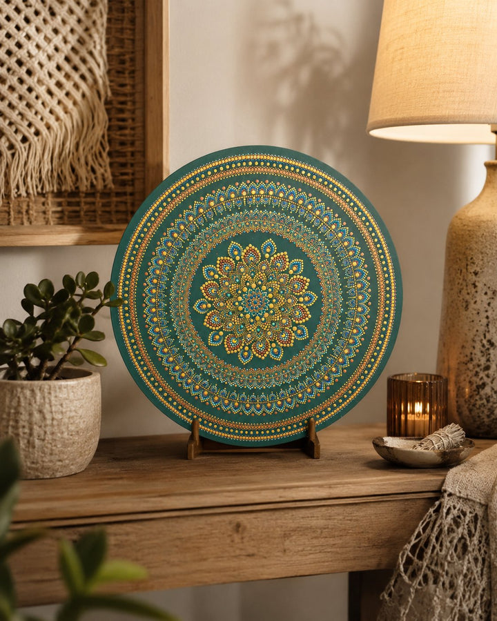 Verdant Glow original green and gold dot mandala artwork displayed on a timber bedside table in a warm neutral interior by Sweet Lilly Loves