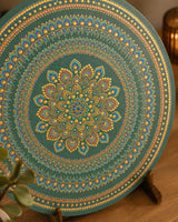 Close-up of Verdant Glow original green, teal and gold dot mandala artwork by Sweet Lilly Loves