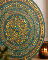 Detailed close-up of Verdant Glow green, teal and gold circular dot mandala artwork by Sweet Lilly Loves