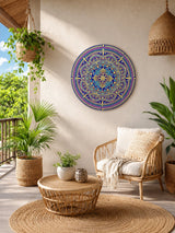 Vivid Devotion blue and purple and gold dot mandala artwork styled in a light outdoor lounge space by Sweet Lilly Loves