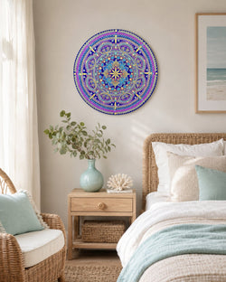 Vivid Devotion original blue and purple and gold dot mandala artwork displayed in a soft coastal bedroom by Sweet Lilly Loves