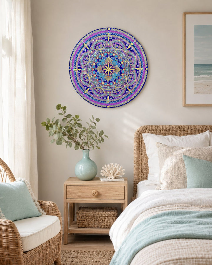 Vivid Devotion original blue and purple and gold dot mandala artwork displayed in a soft coastal bedroom by Sweet Lilly Loves
