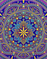 Detailed close-up of Vivid Devotion blue, purple and gold dot mandala artwork by Sweet Lilly Loves