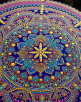 Close-up of the centre detail in Vivid Devotion blue and purple and gold dot mandala artwork by Sweet Lilly Loves