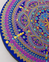 Close-up detail of Vivid Devotion original blue and purple and gold dot mandala artwork by Sweet Lilly Loves