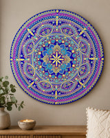 Vivid Devotion hand-painted blue and purple and gold dot mandala artwork styled in a peaceful bedroom corner