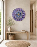 Vivid Devotion original blue and purple and gold dot mandala artwork displayed above a timber console table by Sweet Lilly Loves