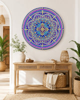 Vivid Devotion original round dot mandala artwork displayed above a natural timber entry table by Sweet Lilly Loves